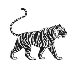 Fototapeta premium Black and white vector illustration of a majestic tiger walking, a classic tattoo style graphic design element isolated on a clean background