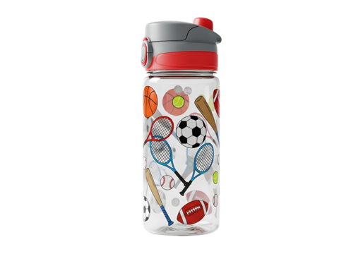 A clear plastic water bottle with sports themed graphics isolated on transparent background - Powered by Adobe