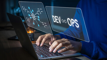 DevOps Concept with Infinity Loop and Digital Workflow Overlay – Software Development and IT Operations Collaboration