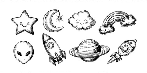 Whimsical hand drawn doodle icons set of smiling star, moon, and happy cloud