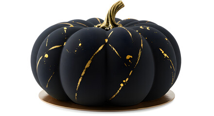 Elegant black velvet pumpkin cake with gold details, luxurious and modern Halloween dessert.