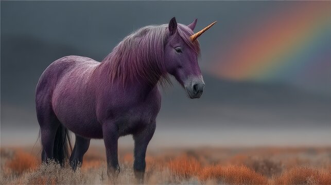 Magical purple unicorn standing in a misty landscape beneath a vibrant rainbow during twilight hours