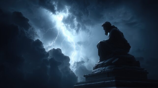 Ancient statue figure watching powerful lightning storm in dark dramatic sky