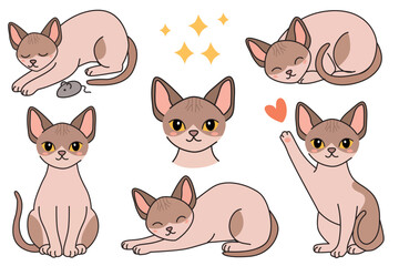 A collection of cute cartoon Siamese cats in various poses. The cats have light brown fur, dark points, and expressive eyes. They display playful and affectionate behaviors.