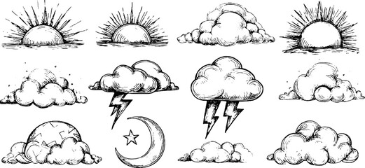 Hand drawn doodle icons set of sunrise and sunset sketches for weather design