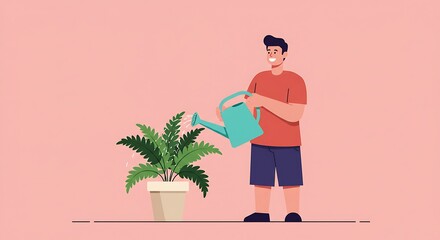 Man watering a potted plant.