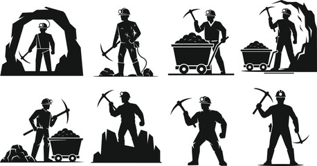 Coal miners working underground with pickaxes, mine carts, and helmets in industrial mining vector illustration set with tools and equipment.