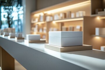 Fototapeta premium Modern retail display with white cardboard box mockup on wooden stand in bright store interior, perfect for packaging design, branding presentation