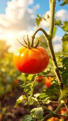 Ripe tomato hangs from a vine, bathed in sunlight, showcasing a vibrant orange hue.