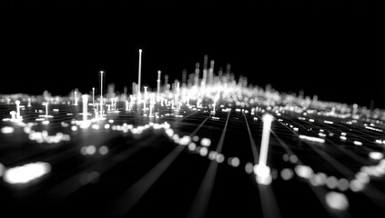 Abstract representation of data points clustered in a city-like formation, illuminated with glowing white accents against a dark background.