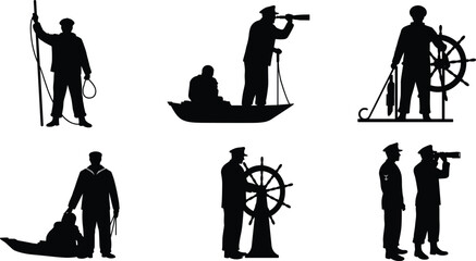 Obraz premium Silhouette vector of sailors and captains navigating boats, steering wheels, and using telescopes, perfect for nautical or maritime themes.