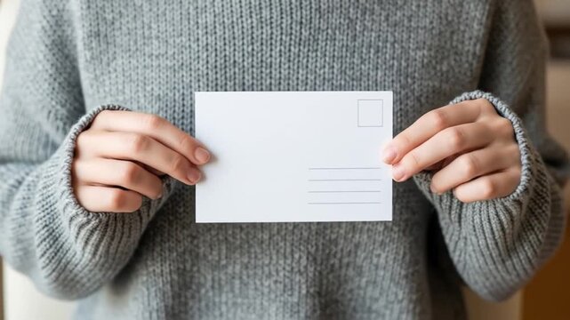 Woman holding blank postcard, perfect for travel, greetings, or personalized messages