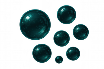 Emerald green spheres of different sizes containing small bubbles floating on a transparent background, perfect for graphic design projects