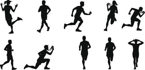 Silhouettes of runners and athletes jogging, sprinting, stretching, and celebrating victories – fitness, sports, and competition vector set