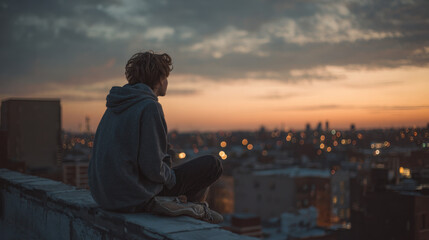 Teen sitting alone on a rooftop at sunset looking over the city lights with a thoughtful expression