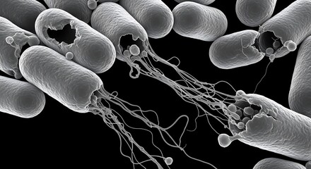 A high-magnification scanning electron micrograph capturing the dramatic process of rod-shaped bacteria rupturing and lysing