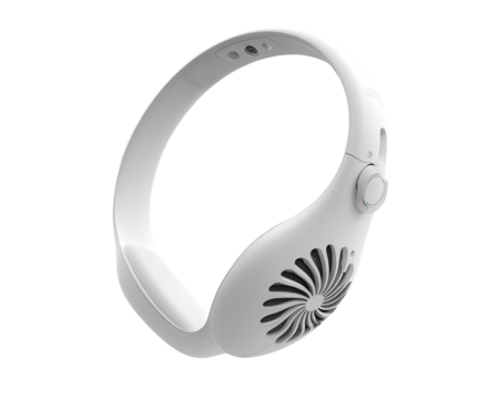 A white, flexible neckband with a cooling fan
