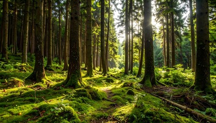 Obraz premium Sunlight streams through a dense forest, illuminating mossy ground and towering trees.