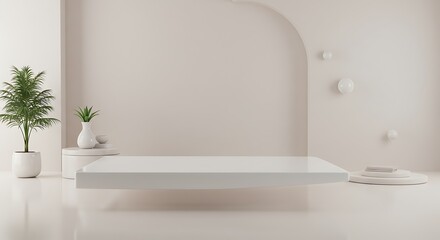 Minimalist aesthetic scene featuring a display platform adorned with tropical greenery and organic