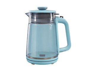 Obraz premium Light teal-blue glass electric kettle with a gold-toned base and handle. Clear glass body, visible heating element, and lid