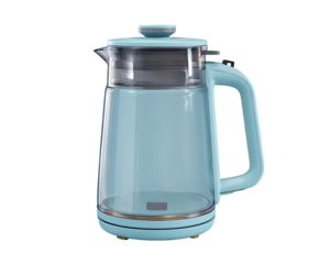 Light teal-blue glass electric kettle with a gold-toned base and handle.  Clear glass body, visible heating element, and lid