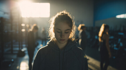 Teen girl standing in a gym with head down while others exercise in the background, feeling isolated in the sunlight