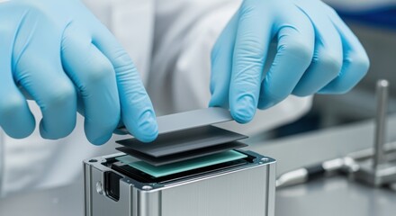 Closeup of gloved hands carefully placing electrode layers inside lithiumion battery cells within a sterile dryroom assembly station.