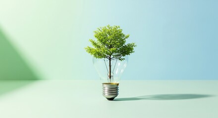 Green tree growing inside light bulb, eco-friendly concept, pastel background