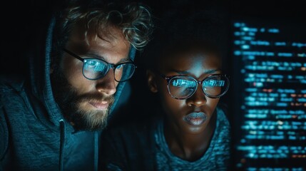Two programmers working on code together at night in a dark office, analyzing lines of code