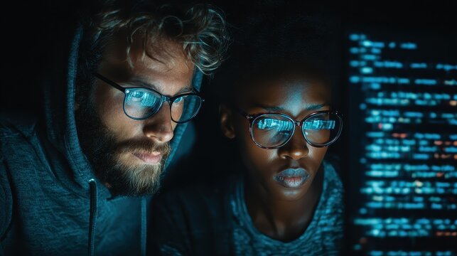 Two programmers working on code together at night in a dark office, analyzing lines of code