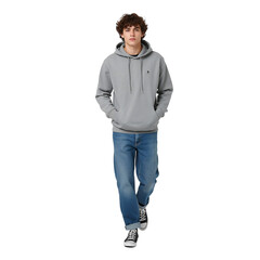 Naklejka premium Young man wearing a stylish grey hoodie and blue jeans fashionable casual outfit