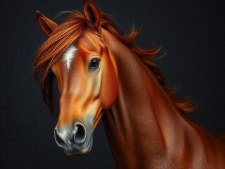 Obraz premium A close-up of a chestnut horse with a shiny coat and flowing mane. The horse has a strong build and expressive eyes, set against a dark background.