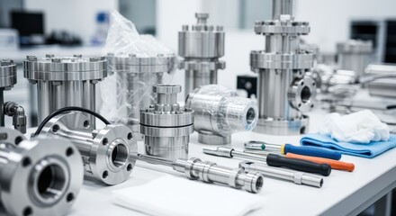 Fototapeta premium Detailed view of stainless steel cryopump parts laid out on a cleanroom bench ready for installation into an ultrahighvacuum system.