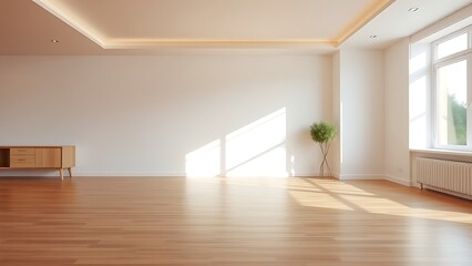 Fototapeta premium Minimalist living space with wooden floors and white walls, embodying serene modern design.