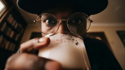 young african american man wearing glasses and cap drinking beer, closeup. sipping foamy beverage in cozy interior. shot on fish eye with distorted perspective. relaxation, leisure, lifestyle, alcohol
