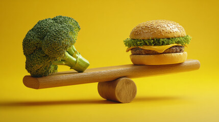 Creative food concept: broccoli tips a seesaw against a burger on a vibrant yellow background