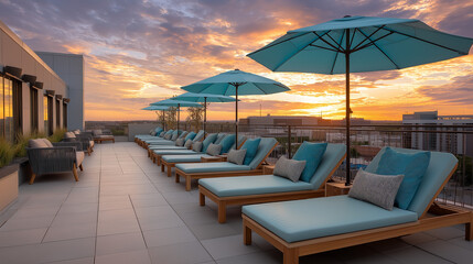 Fototapeta premium Sunrise over Rooftop Deck with Loungers and Umbrellas, Luxury Outdoor Relaxation Space, Scenic Urban Terrace, Leisure and Vacation Lifestyle