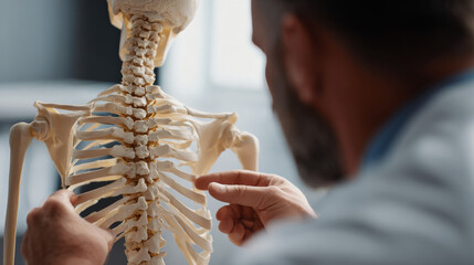 Doctor explaining back issues to a patient using a skeleton model, emphasizing health awareness. 