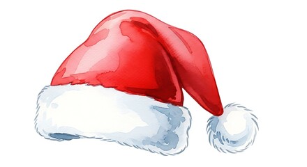 Watercolor illustration of a santa hat with red fabric and white fur on a white background