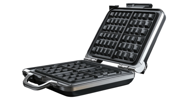 Open waffle iron, gray metal,  case-like design