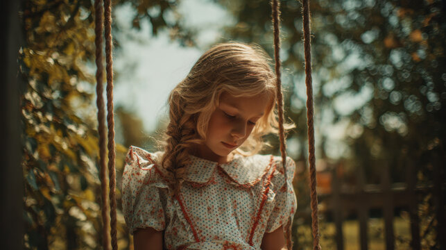 Young blonde girl sitting on swing outdoors looking down in summer sunlight