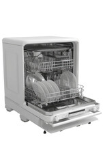 White compact dishwasher, open.  Dishes inside