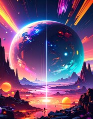 A vibrant, otherworldly landscape surrounds a celestial sphere, illuminated by a brilliant, central light source.