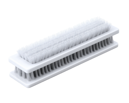 Rectangular cleaning brush with dual-row bristles.  White plastic frame holds dense, light gray/white bristles.  The brush is oriented diagonally