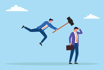 Vector illustration of a businessman hitting another businessman with a hammer depicting office conflict, corporate struggle, or aggressive competition