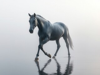 Obraz premium A majestic gray horse walks gracefully through a misty landscape, reflecting in the calm water. The scene symbolizes strength and freedom for the year 2026.