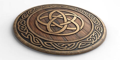 Fototapeta premium Circular Wooden Shield with Celtic Knot Design, 3D Render, Viking, Mythology Viking Shield, Celtic Knot