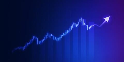 A blue glowing stock market chart with an arrow pointing upwards on a dark backdrop