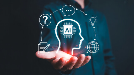 Futuristic Artificial Intelligence Hologram Illustration with AI Chip Silhouette, Digital Icons, and Network Connections on Dark Teal Background