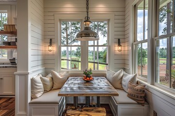 Bright and Airy Farmhouse Interior with Windows Overlooking Serene Countryside Landscape and Stylish Lighting